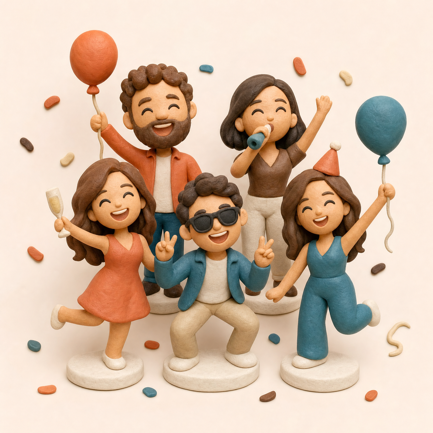 Custom handmade polymer clay group figurines celebrating together - family friends party keepsake