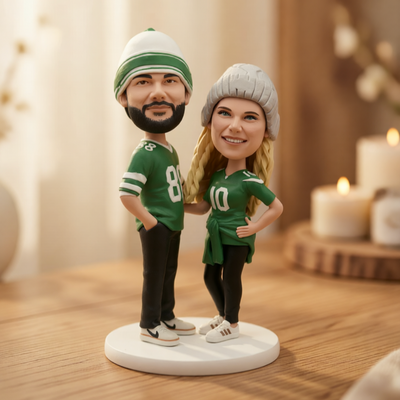 Custom polymer clay figurine of two best friends displayed as a handmade keepsake sculpture by LustarStudio