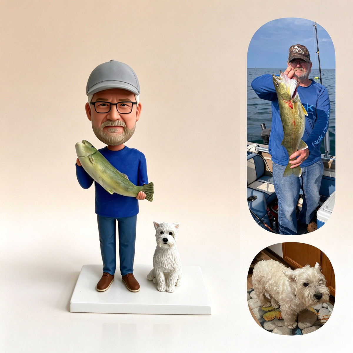Photo of the fisherman and his dog next to the finished figurine