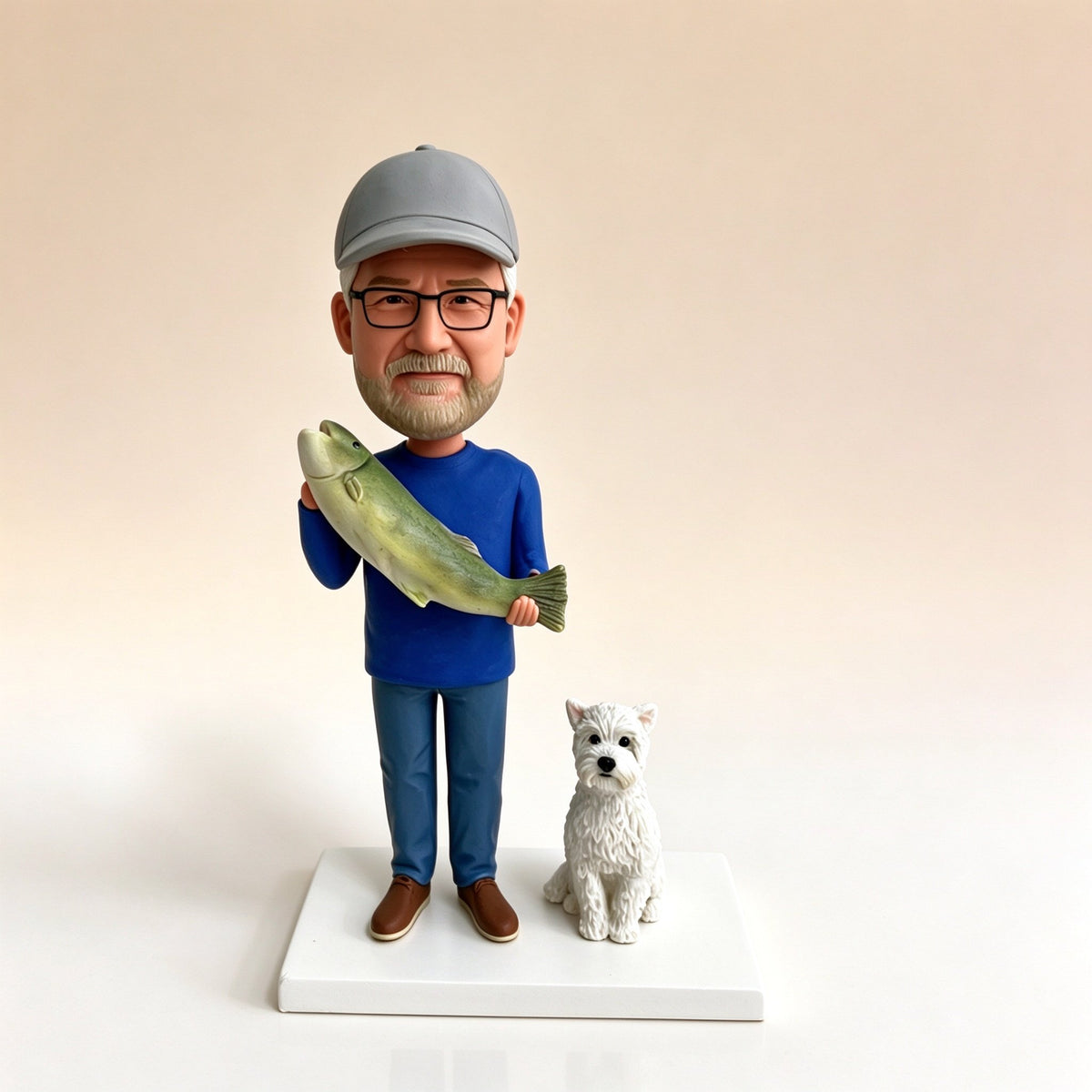 Custom fisherman figurine with his dog and the fish he caught