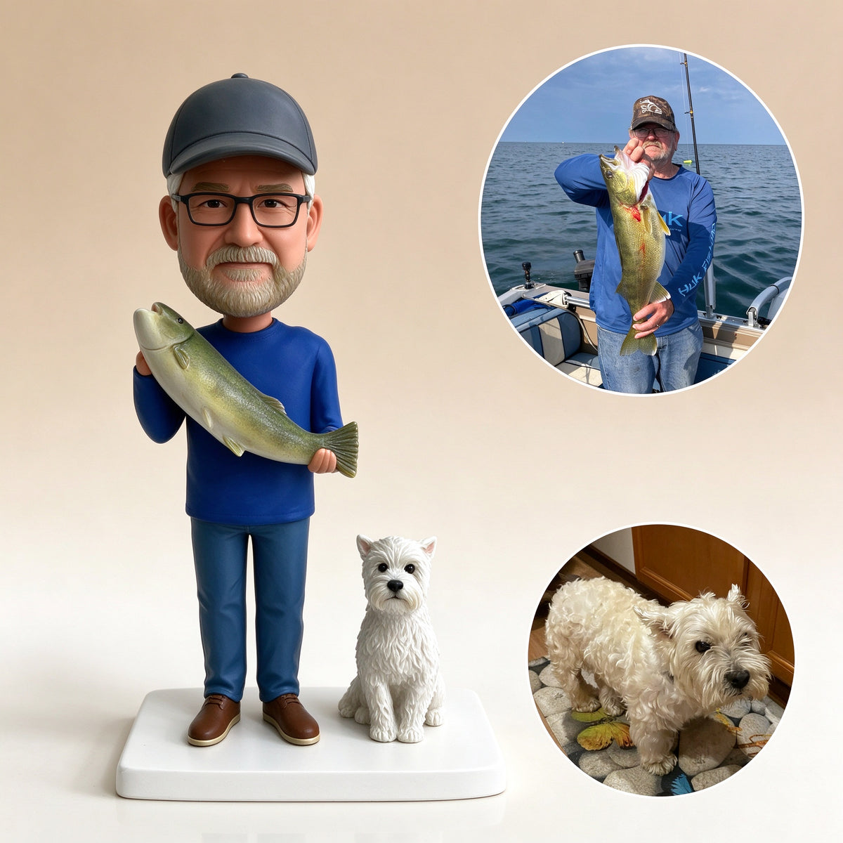 Custom fisherman figurine with his dog on a shared base