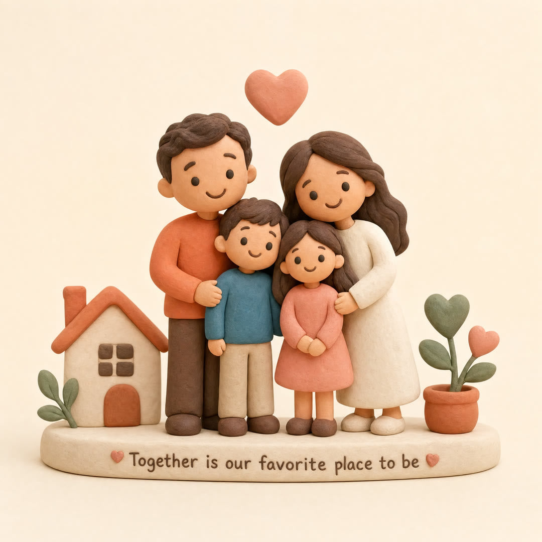 Custom handmade polymer clay family figurine of four members on an oval base crafted as a personalized keepsake by LustarStudio