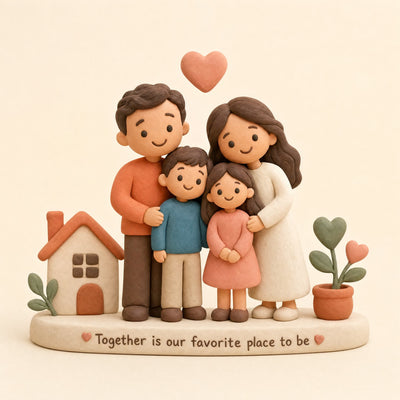 Custom handmade polymer clay family figurine of four members on an oval base crafted as a personalized keepsake by LustarStudio